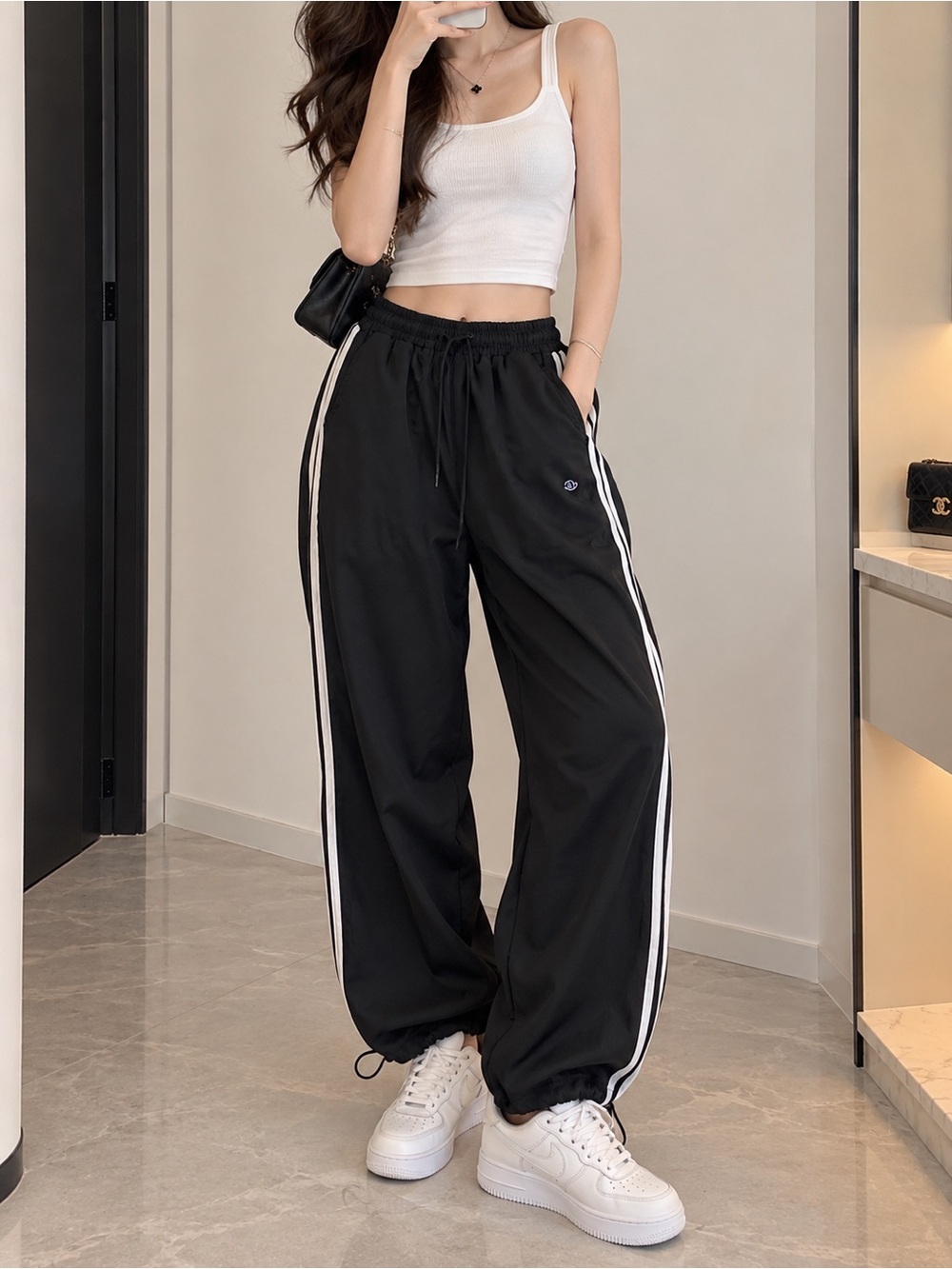 Black & White Side Stripe Wide Leg Track Pants